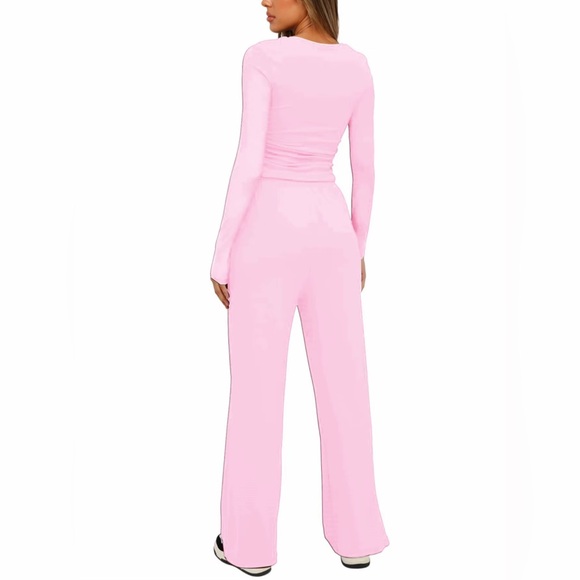 Pink Loungewear Set Rushed Long Sleeve + High Waist Wide Leg Pants New Boutique - Picture 3 of 5